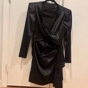 Black long-sleeve silky dress with cut out, size XL